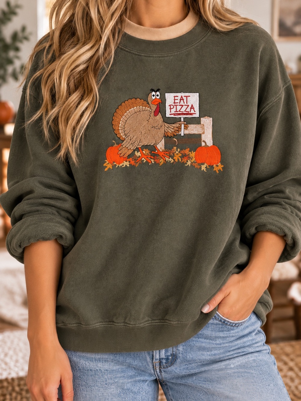 Eat Pizza Turkey Embroidered Thanksgiving Fall Sweatshirt L